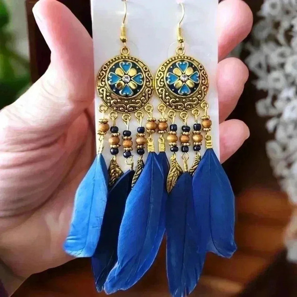 🆕️Boho Chic Fashion Trend Flower Feather Earrings | Exquisite Dangle Jewelry 🌸 - Picture 4 of 7
